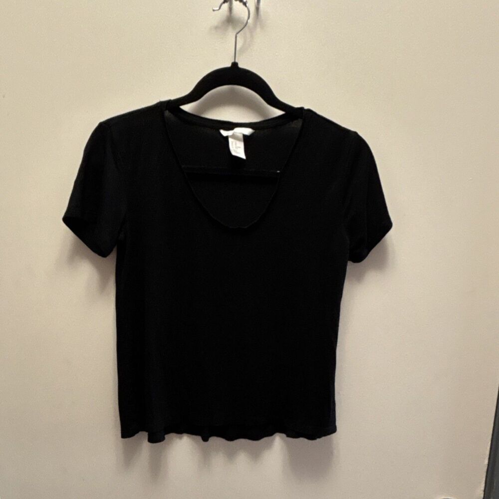 BASIC Black Scoop Neck Pullover T-Shirt Short Sleeve XS Women's